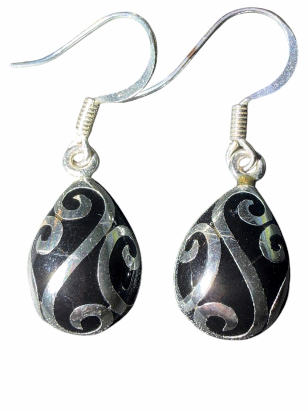 Sterling Silver Scroll Teardrop Black Onyx Dangle Earrings